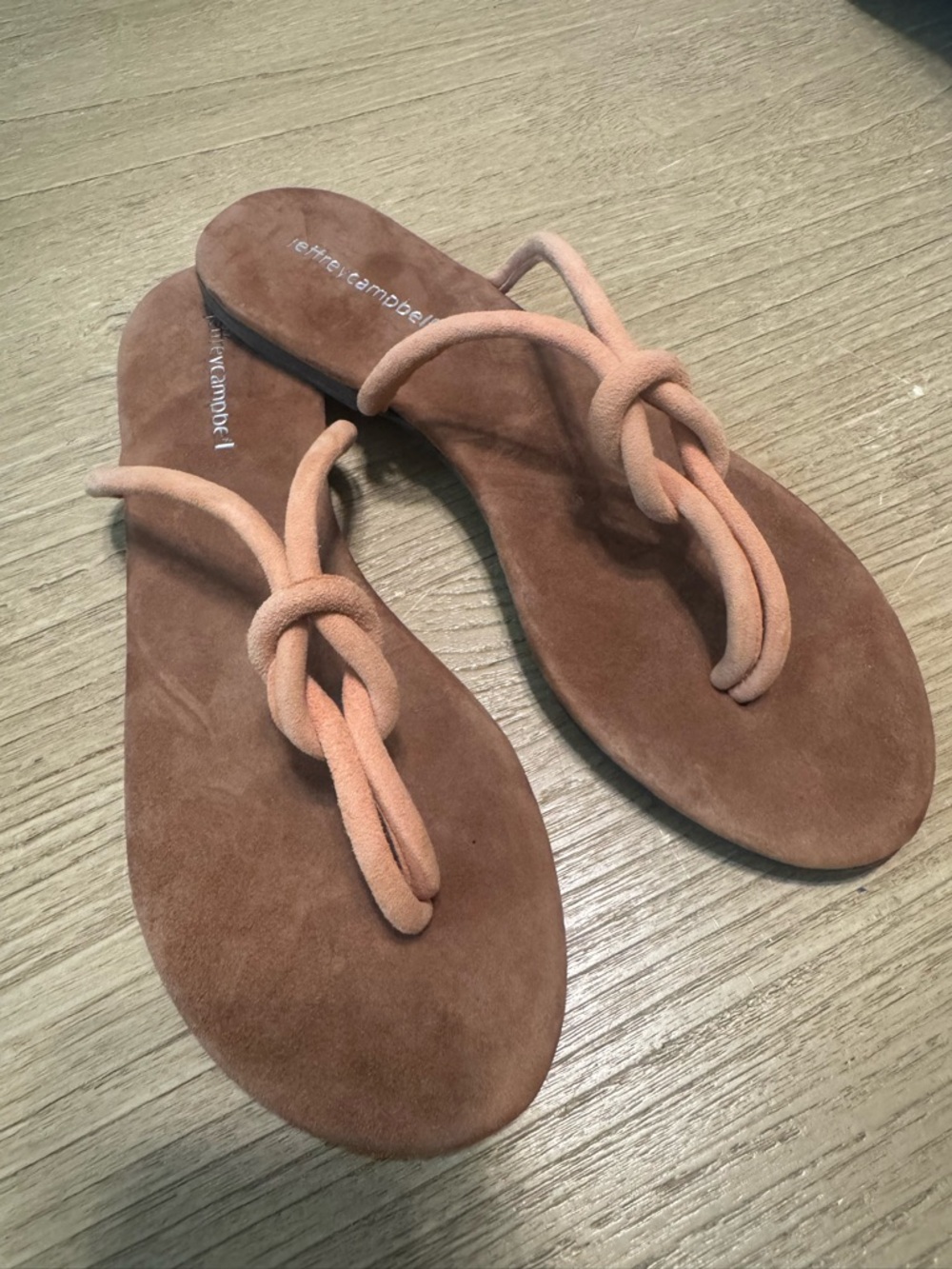 Jeffrey Campbell Brown Suede Knotted Toe-Loop Sandals with Peach Straps